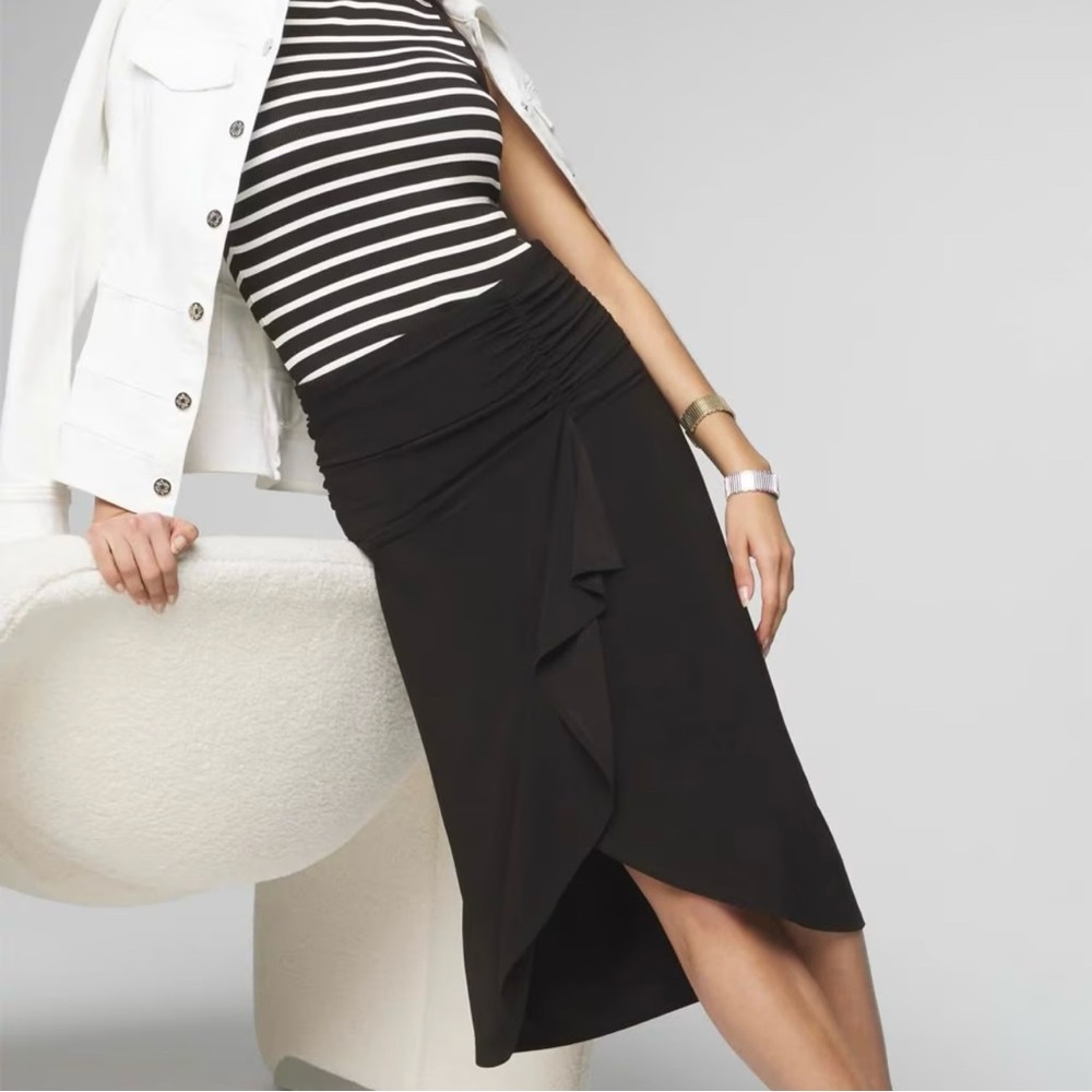 White House Black Market Black Midi Faux Wrap Skirt Size M